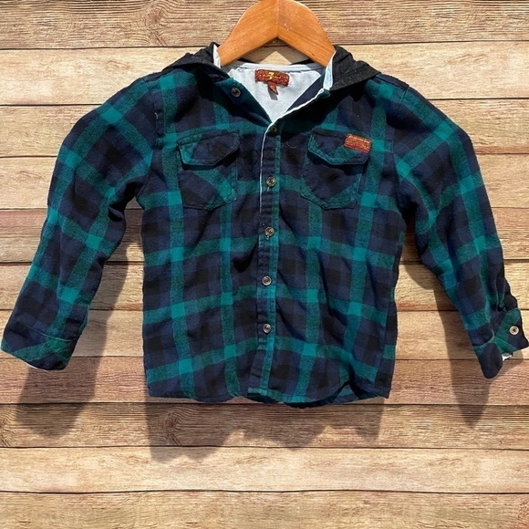 7 For All Mankind Toddler Boys Button Up Long Sleeve Green Plaid  Size: 4t - Picture 1 of 7